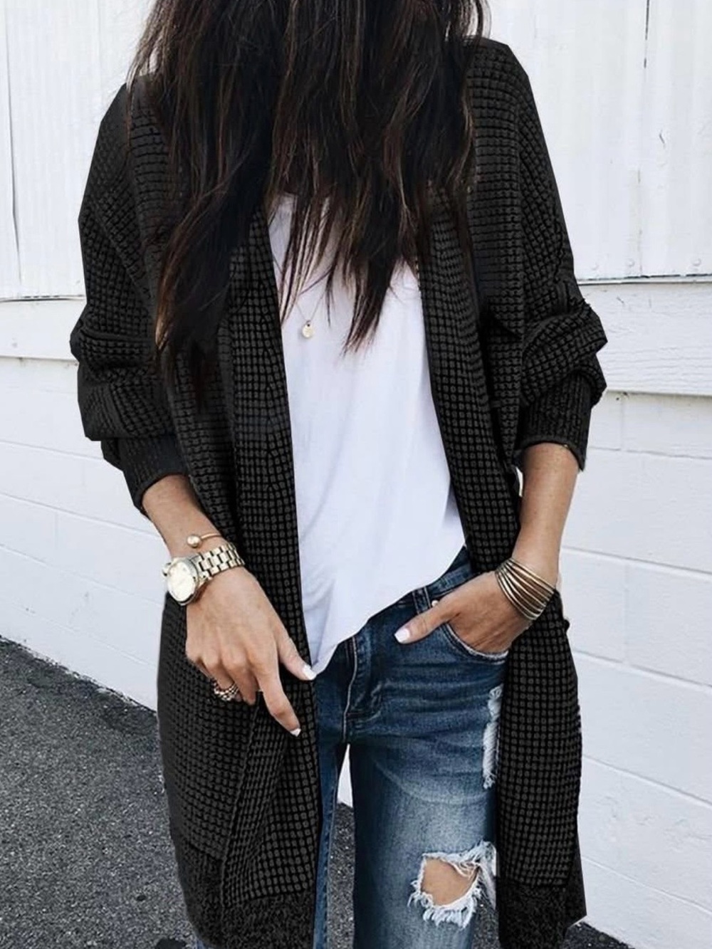 Black Waffle-Knit Open Cardigan Sweater for Women